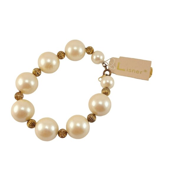 Lisner Faux Pearl Gold Tone Beaded Bracelet Original Hang Tag - Picture 1 of 8